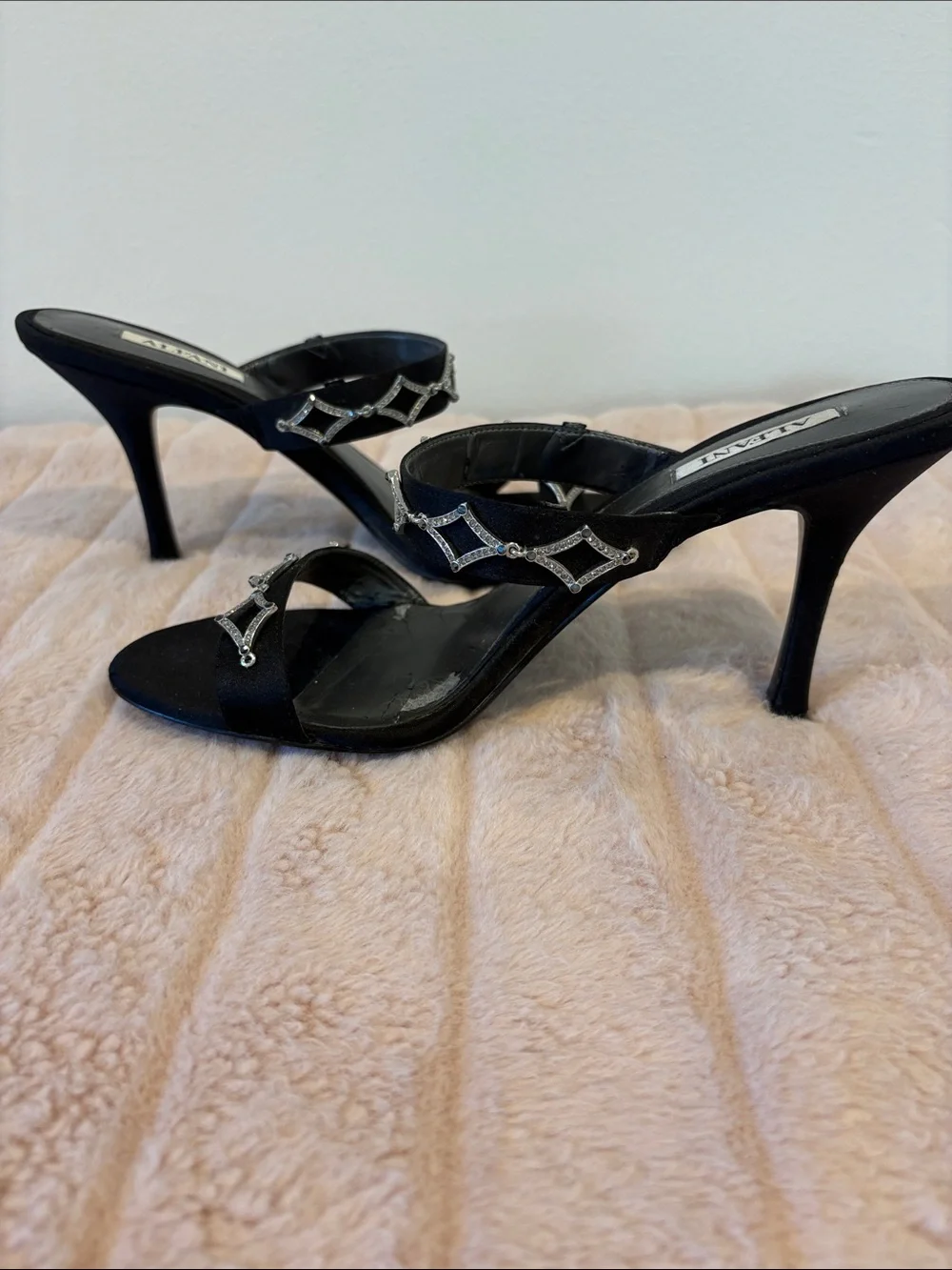 Alfani Black Satin Crystal-Accent High Heel Slides